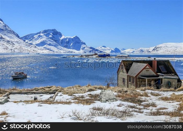 View to the fjord from Qoornoq - former fishermen village, nowdays summer residence in the middle of Nuuk fjord, Greenland