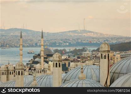 View to the Golden Horn and the dome of the mosque, Istanbul, Turkey. View of dome of the mosque, Istanbul, Turkey