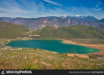 View to the lake Kalterer See in South Tyrol