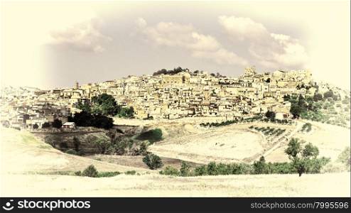 View to the Medieval City of Pietraperria in Sicily, Retro Image Filtered Style
