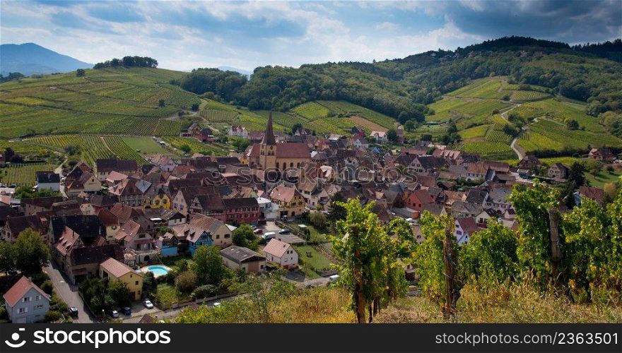View to the village of Niedermorschwihr in Alsace in France