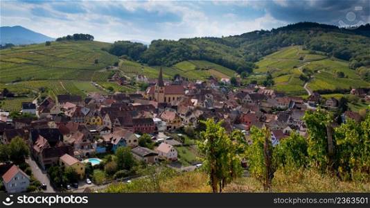 View to the village of Niedermorschwihr in Alsace in France