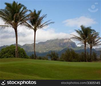 View towards distant hills on south shore of Kauai in Hawaii