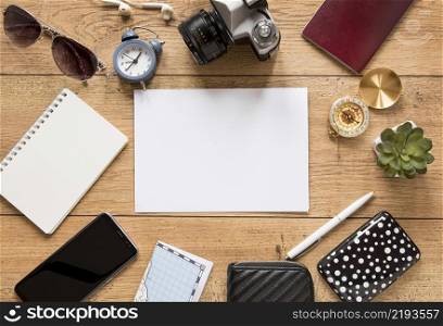 view traveling items wooden background
