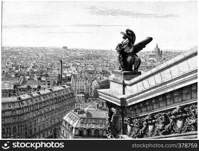 View west of Paris, taken from the top of the opera, vintage engraved illustration. Paris - Auguste VITU ? 1890.