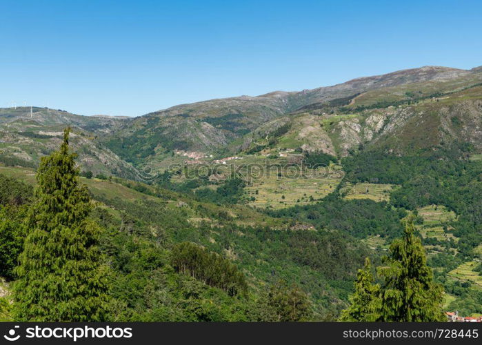 Viewpoint of the Terraces (Miradouro dos Socalcos), overlooking the Agricultural terraces (famous Tibete style landscape view), Porta Cova place, Sistelo, Arcos de Valdevez, Portugal.