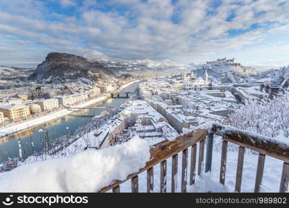 Viewpoint, Salzburg in winter: Snowy historical center, sunshine