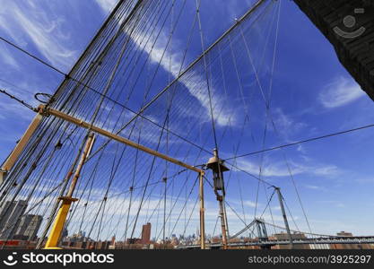 Views of historic Brooklyn Bridge in New York City.. Sunset on the ocean.