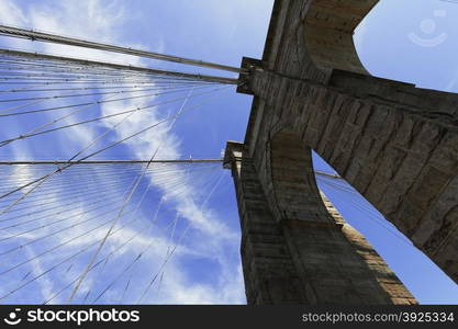 Views of historic Brooklyn Bridge in New York City.. Sunset on the ocean.