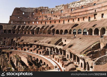 Views of the ancient Roman Coliseum. It is the largest amphitheatre ever built and is considered one of the greatest works of architecture and engineering.