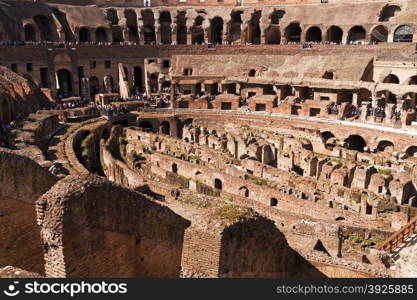 Views of the ancient Roman Coliseum. It is the largest amphitheatre ever built and is considered one of the greatest works of architecture and engineering.