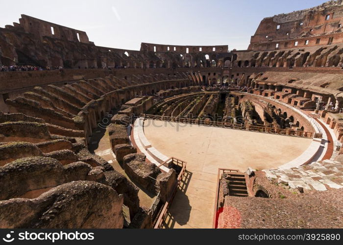 Views of the ancient Roman Coliseum. It is the largest amphitheatre ever built and is considered one of the greatest works of architecture and engineering.