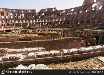 Views of the ancient Roman Coliseum. It is the largest amphitheatre ever built and is considered one of the greatest works of architecture and engineering.