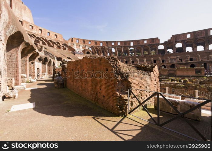 Views of the ancient Roman Coliseum. It is the largest amphitheatre ever built and is considered one of the greatest works of architecture and engineering.