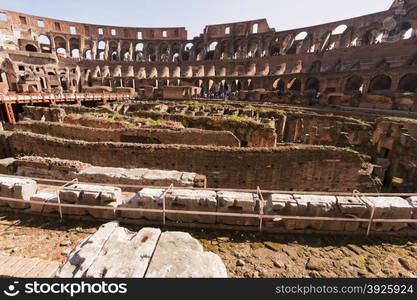 Views of the ancient Roman Coliseum. It is the largest amphitheatre ever built and is considered one of the greatest works of architecture and engineering.