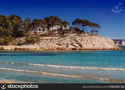 Views of the Bay of Paguera with a sandy beach and azure waters, Mallorca, Spain.