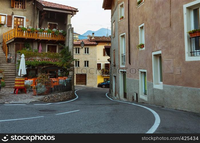 views of the houses and streets in a small town Tremosine at dawn. Italy.