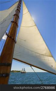 Views of the mast, sails and rigging on the private sail yacht.