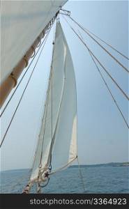 Views of the mast, sails and rigging on the private sail yacht.