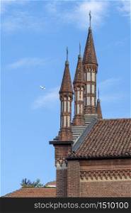 Vigevano, Pavia, Lombardy, Italy: detail of historic church and airplane