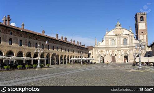 Vigevano, Pavia, Lombardy, Italy: the historic main square of the city, known as Piazza Ducale