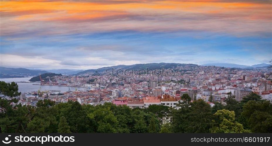 Vigo skyline and port sunset in Galicia of Spain