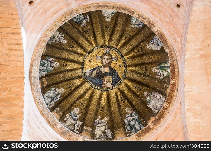 Viiew of central dome of the Pammakaristos Church depicting Jesus Pantocrator and apostles at Fethiye Camii in Carsamba vicinity of Fatih county of Istanbul,Turkey.15 October,2017. Fethiye Camii, Pammakaristos Church, Byzantine church in Istanbul,Turkey.