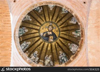 Viiew of central dome of the Pammakaristos Church depicting Jesus Pantocrator and apostles at Fethiye Camii in Carsamba vicinity of Fatih county of Istanbul,Turkey.15 October,2017. Fethiye Camii, Pammakaristos Church, Byzantine church in Istanbul,Turkey.
