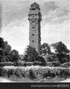 Vijay Stambha. - Tower of Victory in Chittorgarh, vintage engraved illustration. Le Tour du Monde, Travel Journal, (1872).