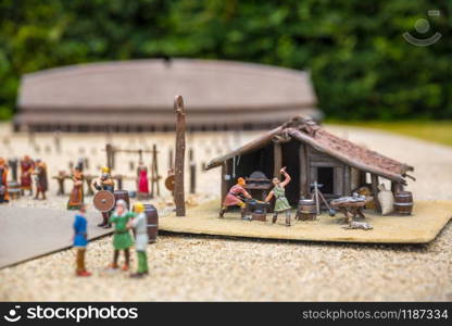 Viking settlement miniature outdoor, forging shop, europe. Ancient european village, medieval Scandinavia, traditional scandinavian architecture, diorama