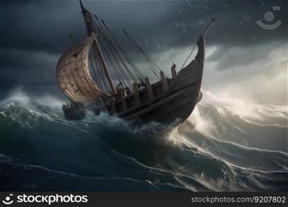 viking ship rowing through stormy waters, with waves crashing against the hull, created with generative ai. viking ship rowing through stormy waters, with waves crashing against the hull