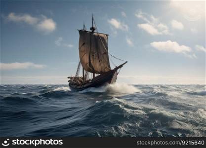 viking ship sailing on calm sea, with waves lapping against the hull, created with generative ai. viking ship sailing on calm sea, with waves lapping against the hull