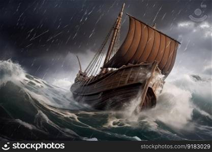 viking ship sailing through stormy waters, with waves crashing against the hull, created with generative ai. viking ship sailing through stormy waters, with waves crashing against the hull