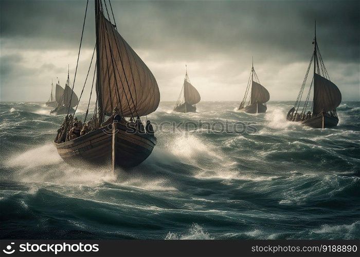 Viking ships fighting the storm. Wooden boats of the Vikings setting out to conquer created by generative AI