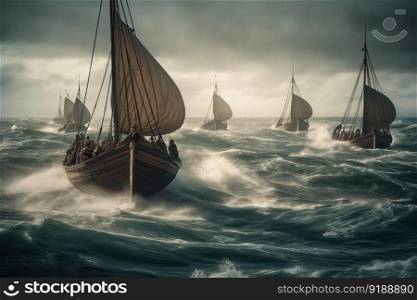 Viking ships fighting the storm. Wooden boats of the Vikings setting out to conquer created by generative AI