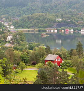 Village at the lakeside, Hardangervidda, Hardanger, Norway