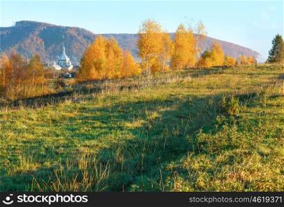 Village in morning autumn Carpathian mountain (Ukraine)
