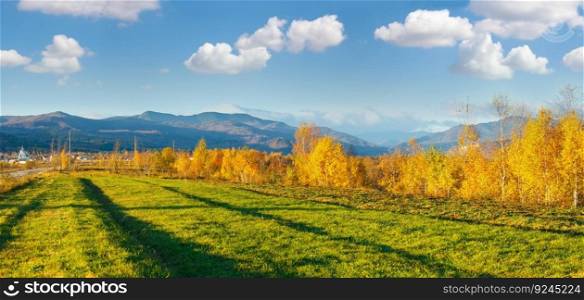 Village in morning autumn Carpathian mountain (Ukraine). Panorama.