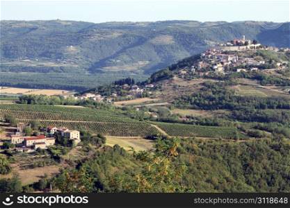 Village in valley and town Motovun on the hill, Istria, Croatia