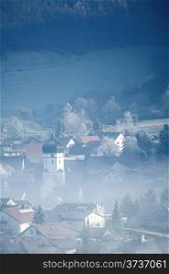 Village in winter fog