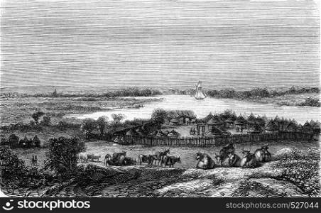 Village iolofs of Diodoune, on the banks of Senegal, vintage engraved illustration. Magasin Pittoresque 1846.