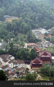Village Jiuhua Shan view from mount, China