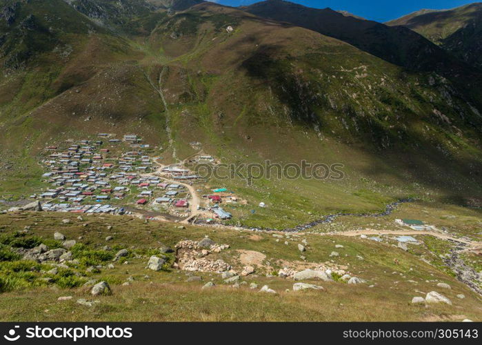 Village of Kavrun plateau or tableland in Kackar Mountains or simply Kackars in Camlihemsin, Rize, Turkey.. Village of Kavrun plateau or tableland in Kackar Mountains