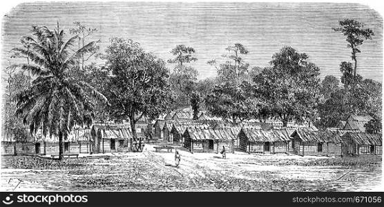 Village of skirmishers in Gabon, vintage engraved illustration. Le Tour du Monde, Travel Journal, (1865).