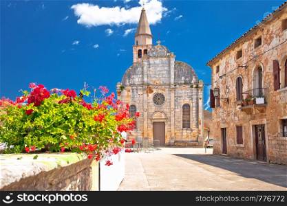 Village of Svetvincenat ancient square and church view, Istria region of Croatia
