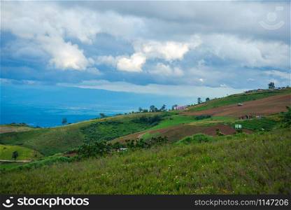 Village on hill / Agricultural area mountain with house village on hill countryside at Phutubberk Phetchabun Thailand Asia