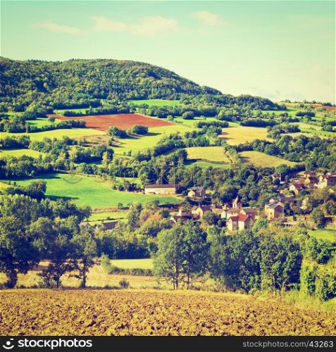 Village Surrounded by Pasture and Plowed Fields in the French Limousen, Instagram Effect