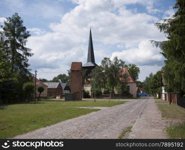 Village with church in Garz, in the municipality of Temnitztal in Ostprignitz-Ruppin, Brandenburg, Germany