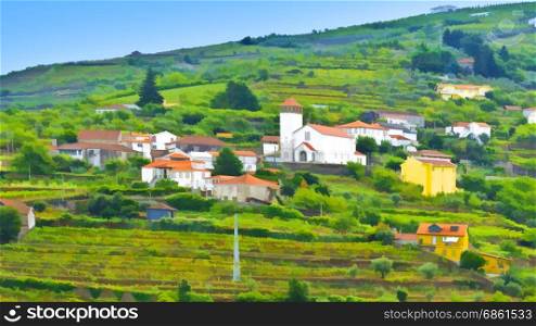 Village with Church Surrounded by Vineyards on the Hills of Portugal, Stylized Photo