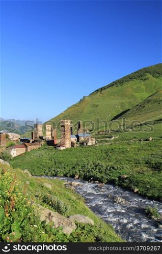 Village with old towers in mountains. Svanetia